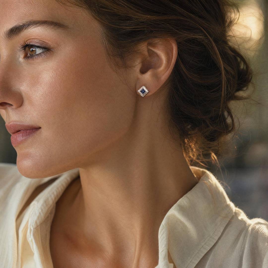 14k White Gold Blue Sapphire and Diamond Vintage Stud Earrings