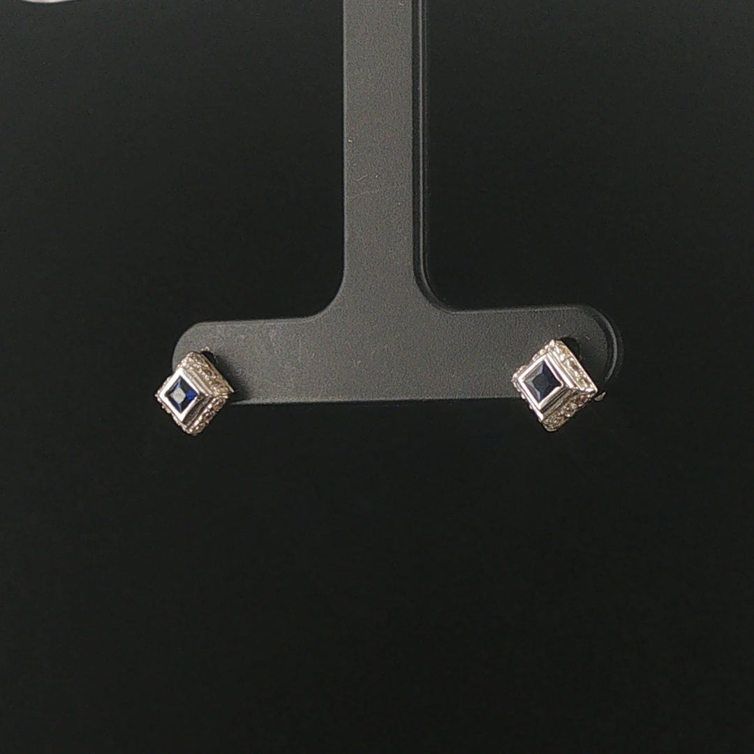 14k White Gold Blue Sapphire and Diamond Vintage Stud Earrings