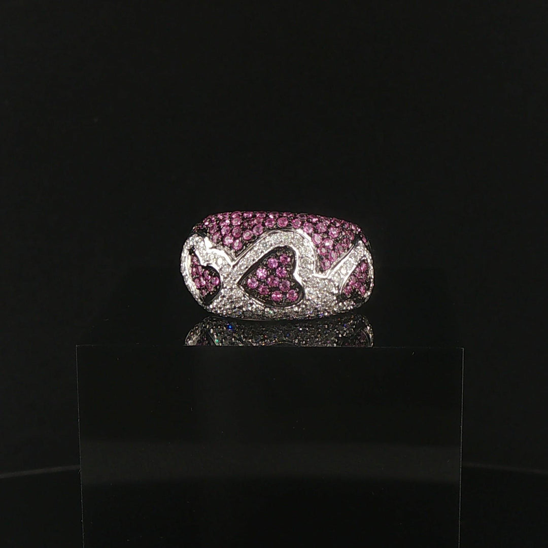 18k White Gold Pink Sapphire and Diamond Heart Band Ring Size 6.25