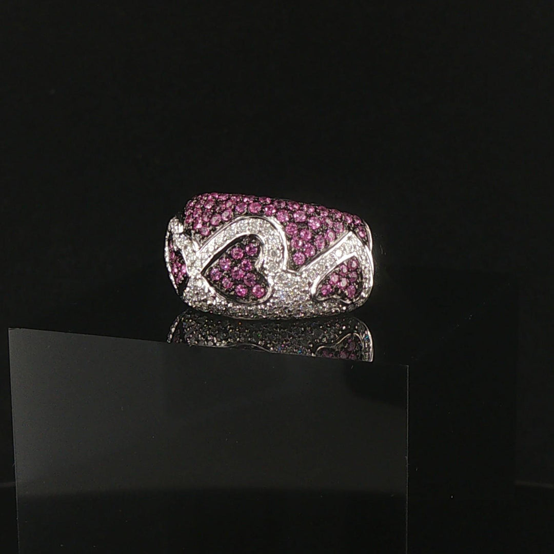 18k White Gold Pink Sapphire and Diamond Heart Band Ring Size 6.25