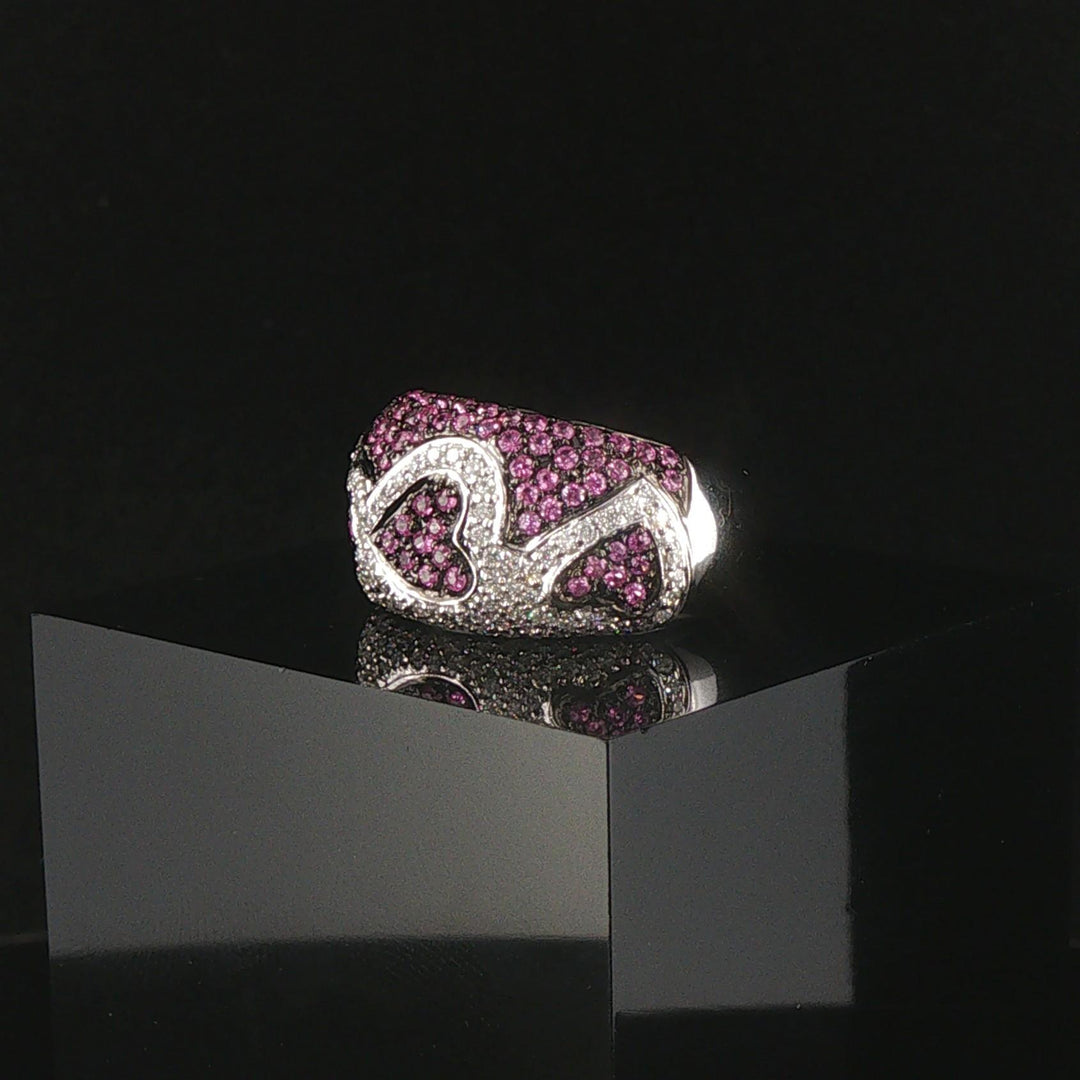 18k White Gold Pink Sapphire and Diamond Heart Band Ring Size 6.25