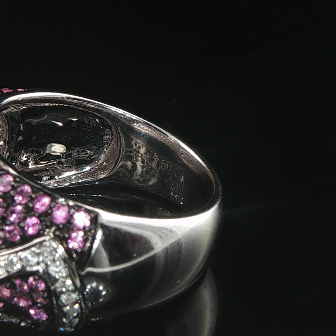 18k White Gold Pink Sapphire and Diamond Heart Band Ring Size 6.25