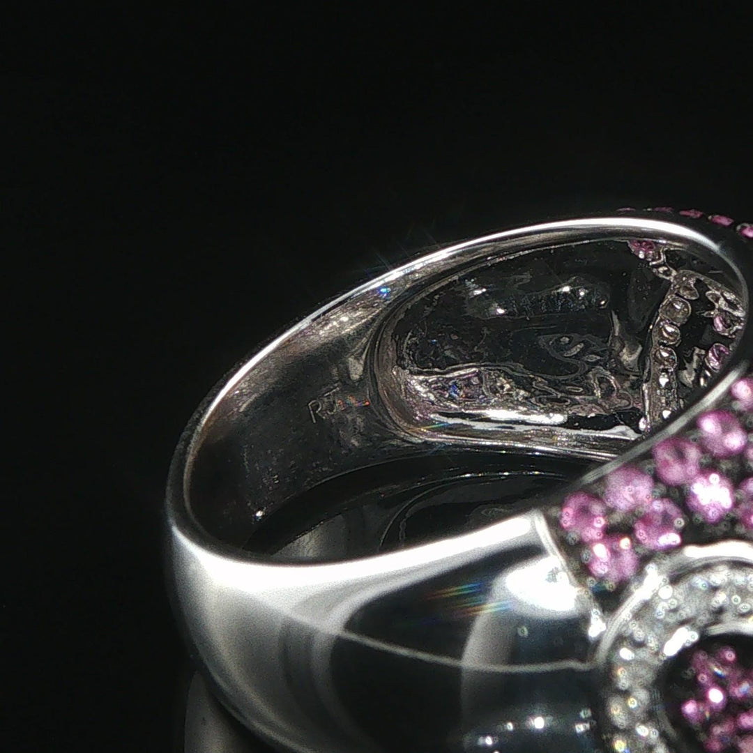 18k White Gold Pink Sapphire and Diamond Heart Band Ring Size 6.25