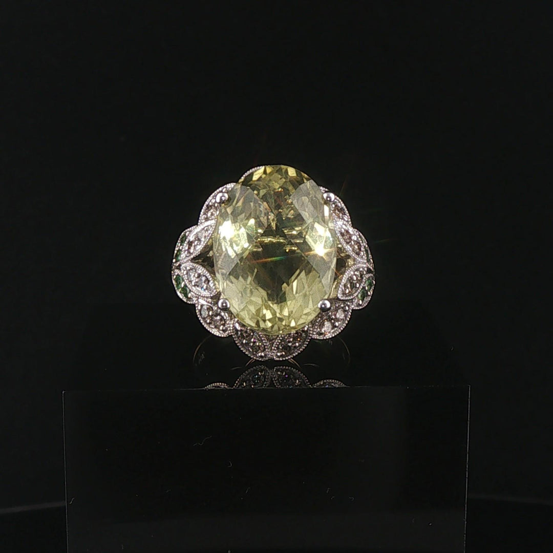 LeVian 14k White Gold Peridot Tsavorite and Diamond Large Ring Size 7.25