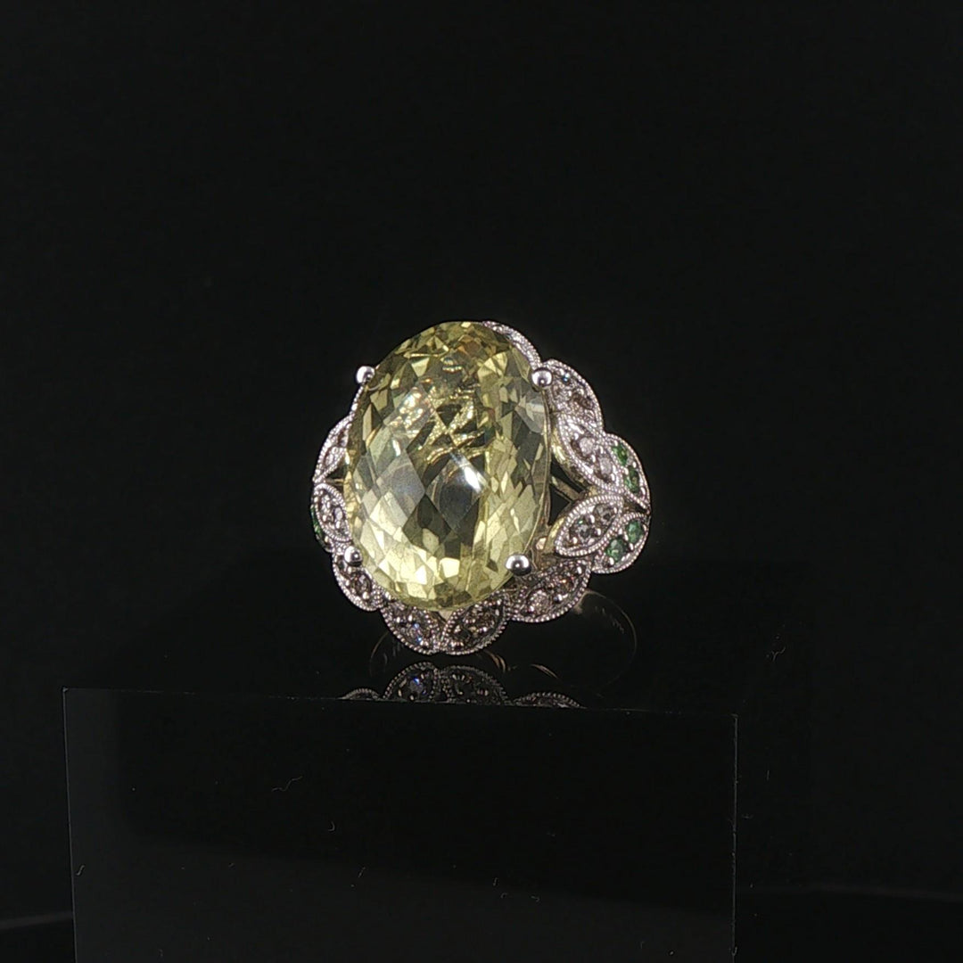 LeVian 14k White Gold Peridot Tsavorite and Diamond Large Ring Size 7.25