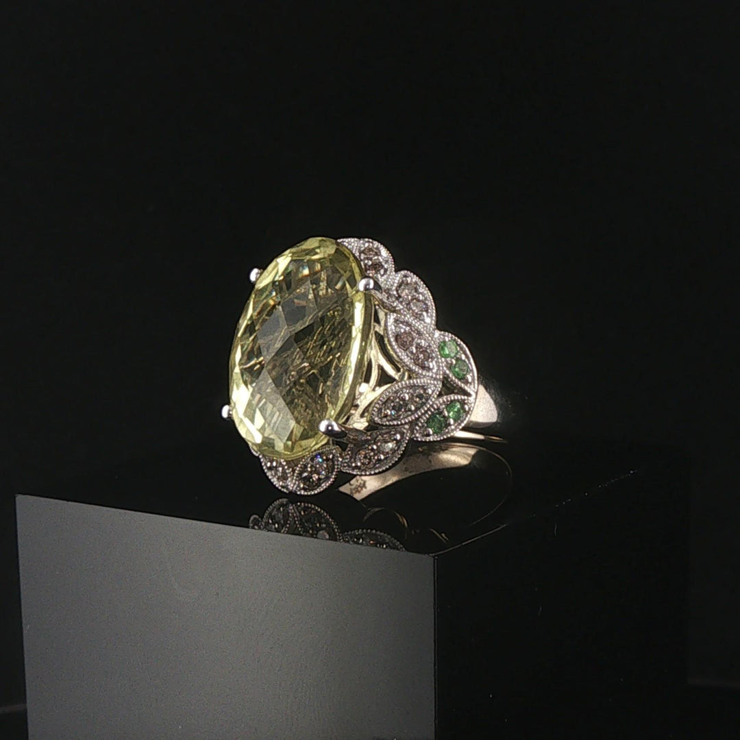 LeVian 14k White Gold Peridot Tsavorite and Diamond Large Ring Size 7.25