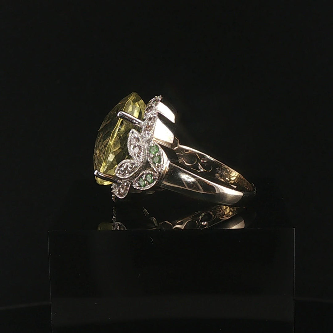 LeVian 14k White Gold Peridot Tsavorite and Diamond Large Ring Size 7.25