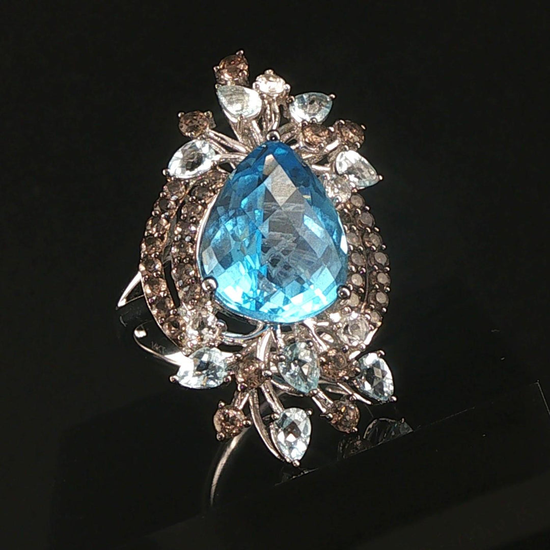 LeVian 14k White Gold Blue Topaz and Smoky Quartz Large Ring Size 7
