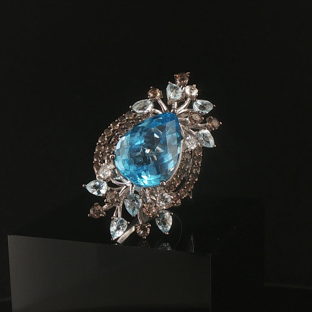 LeVian 14k White Gold Blue Topaz and Smoky Quartz Large Ring Size 7