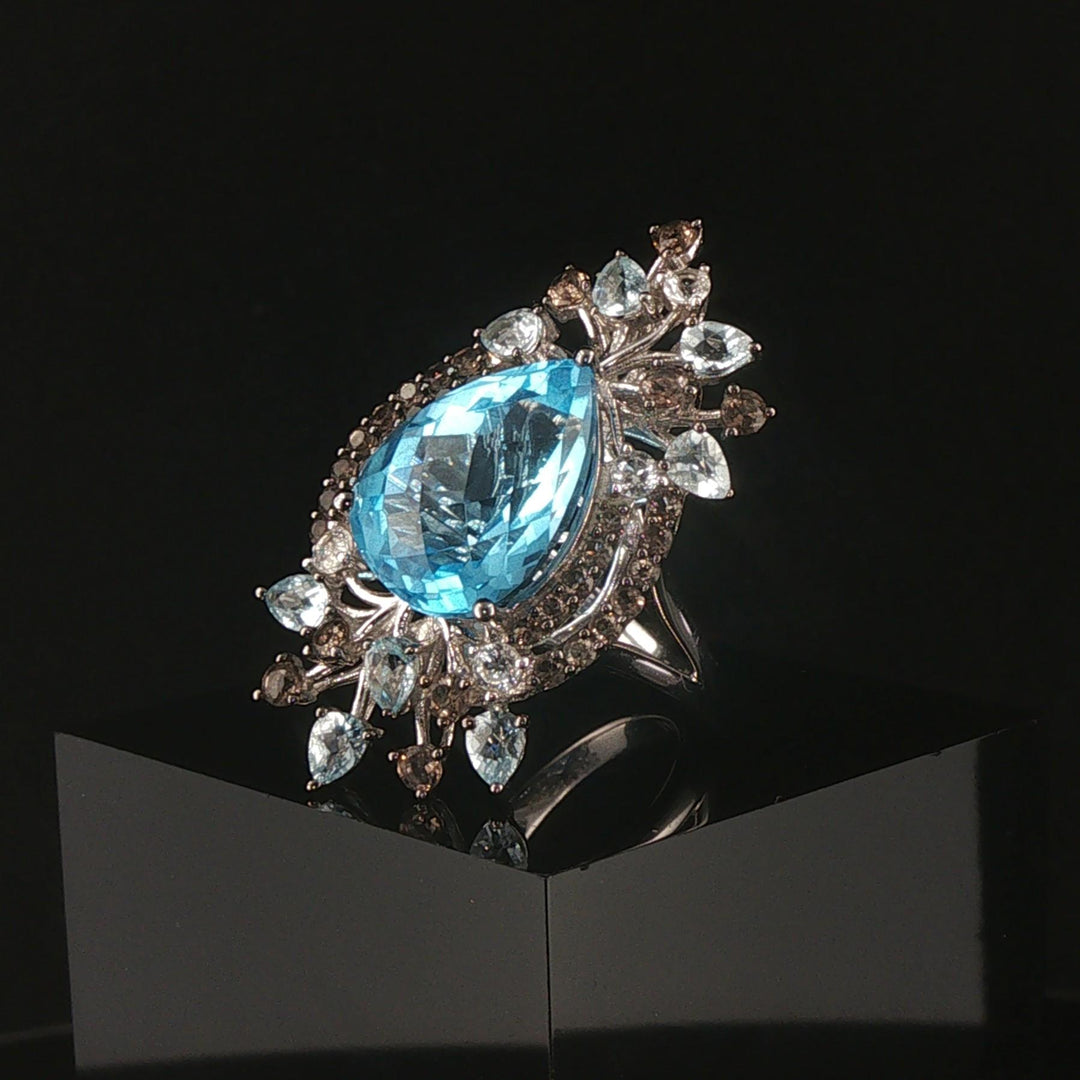 LeVian 14k White Gold Blue Topaz and Smoky Quartz Large Ring Size 7