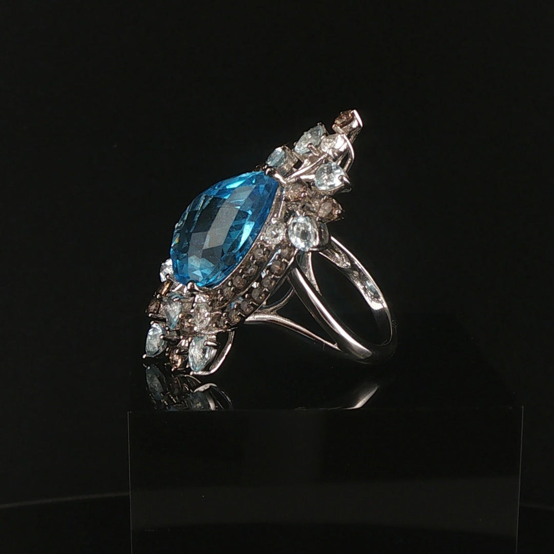 LeVian 14k White Gold Blue Topaz and Smoky Quartz Large Ring Size 7