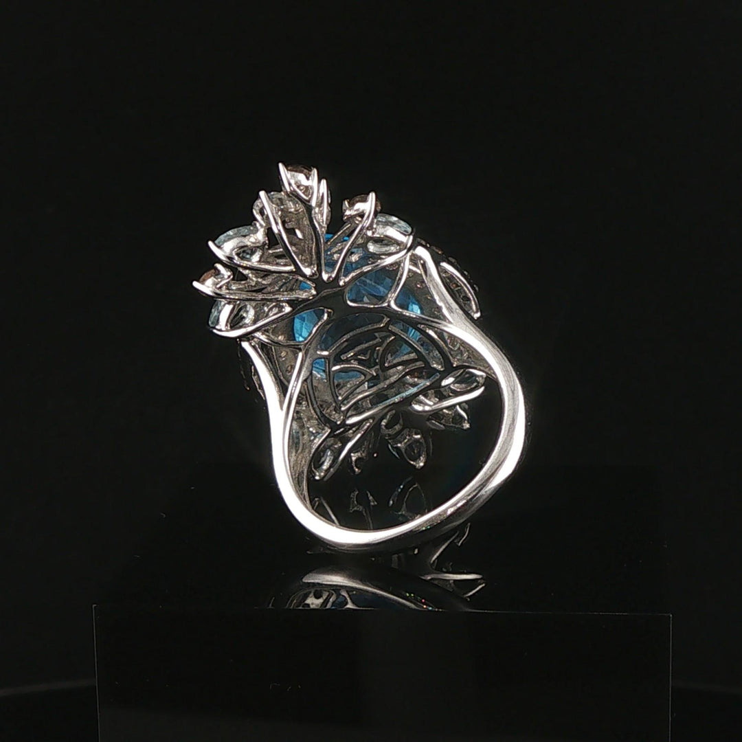 LeVian 14k White Gold Blue Topaz and Smoky Quartz Large Ring Size 7