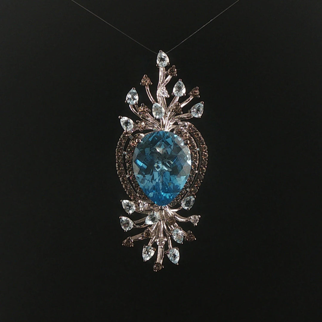 LeVian 14k White Gold Blue Topaz and Smoky Quartz Large Pendant 2.5"