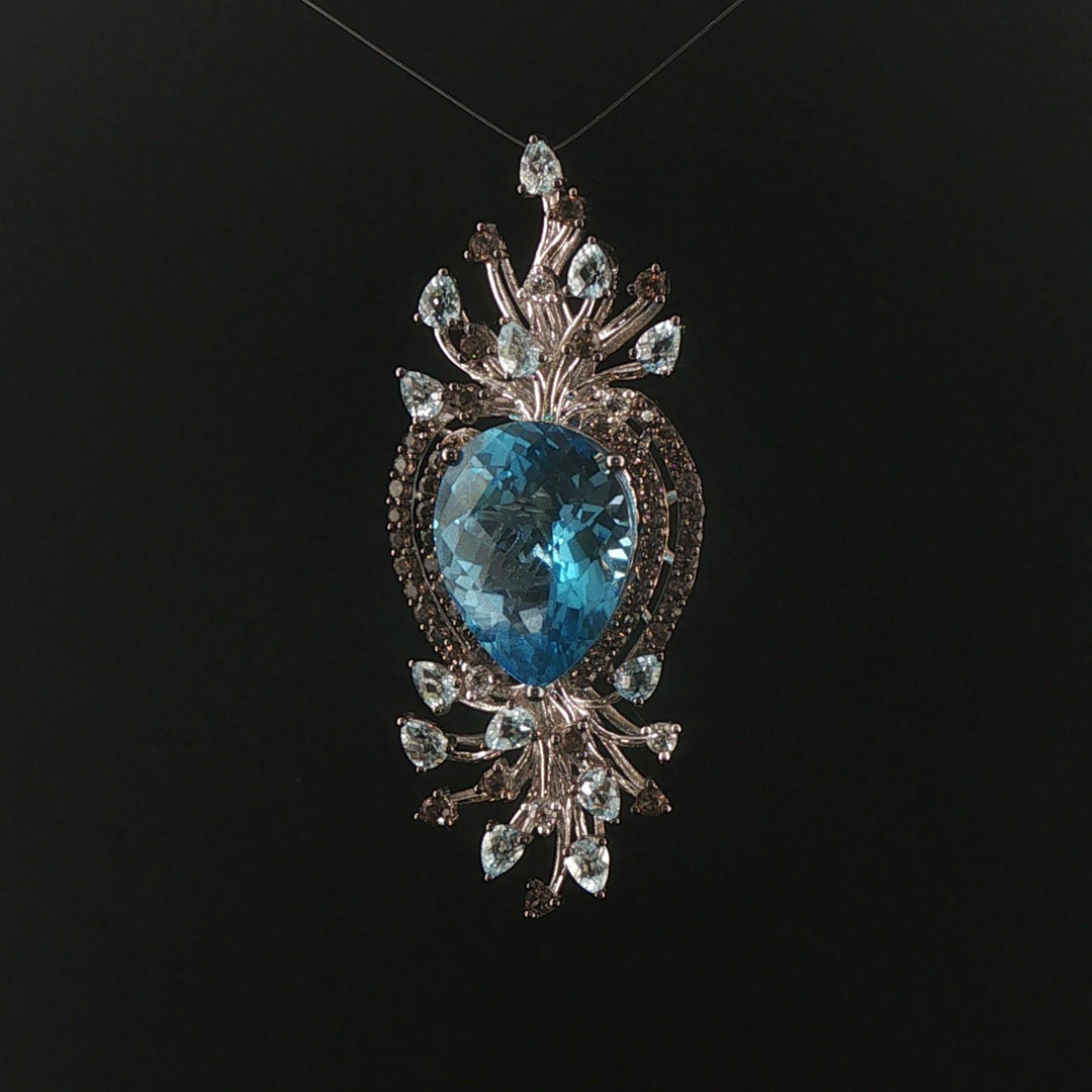 LeVian 14k White Gold Blue Topaz and Smoky Quartz Large Pendant 2.5"