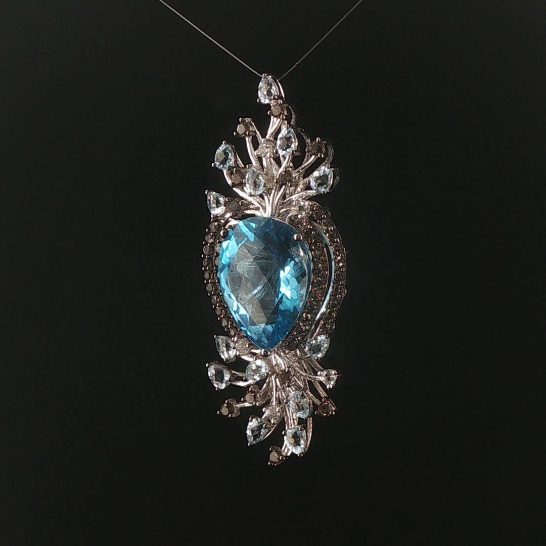 LeVian 14k White Gold Blue Topaz and Smoky Quartz Large Pendant 2.5"