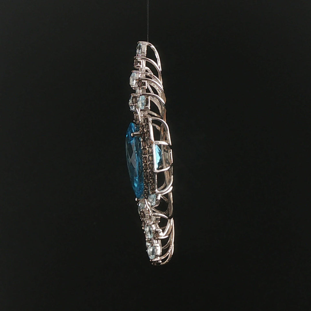 LeVian 14k White Gold Blue Topaz and Smoky Quartz Large Pendant 2.5"