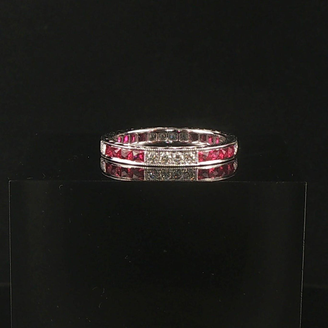 Beverly K 18k White Gold 0.45cttw Diamond and Ruby Milgrain Band Ring Size 6.5