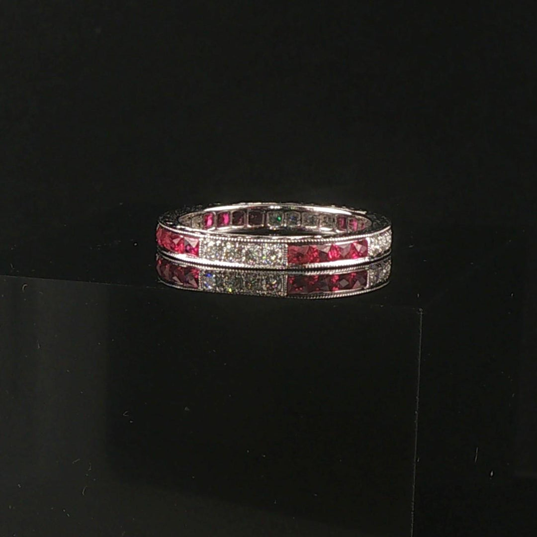 Beverly K 18k White Gold 0.45cttw Diamond and Ruby Milgrain Band Ring Size 6.5