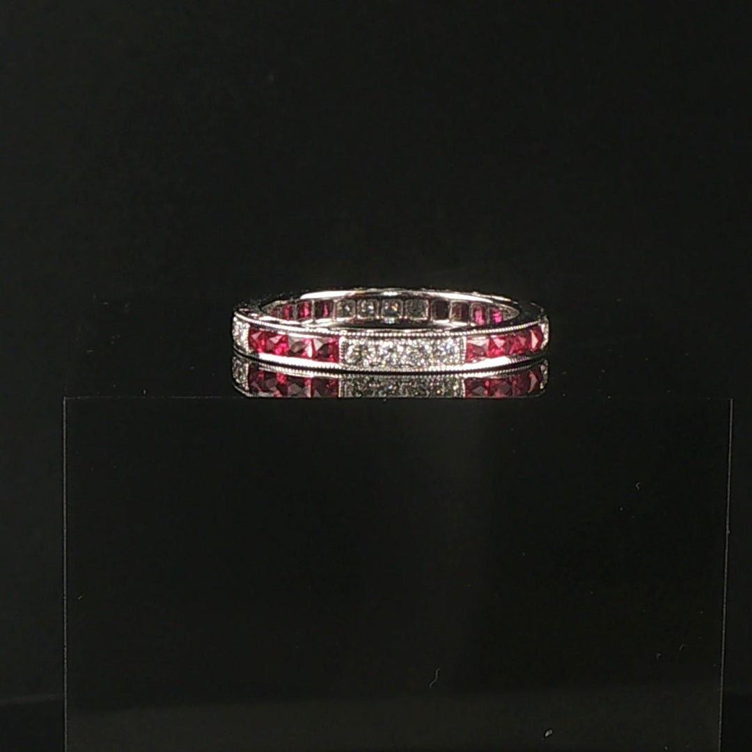 Beverly K 18k White Gold 0.45cttw Diamond and Ruby Milgrain Band Ring Size 6.5
