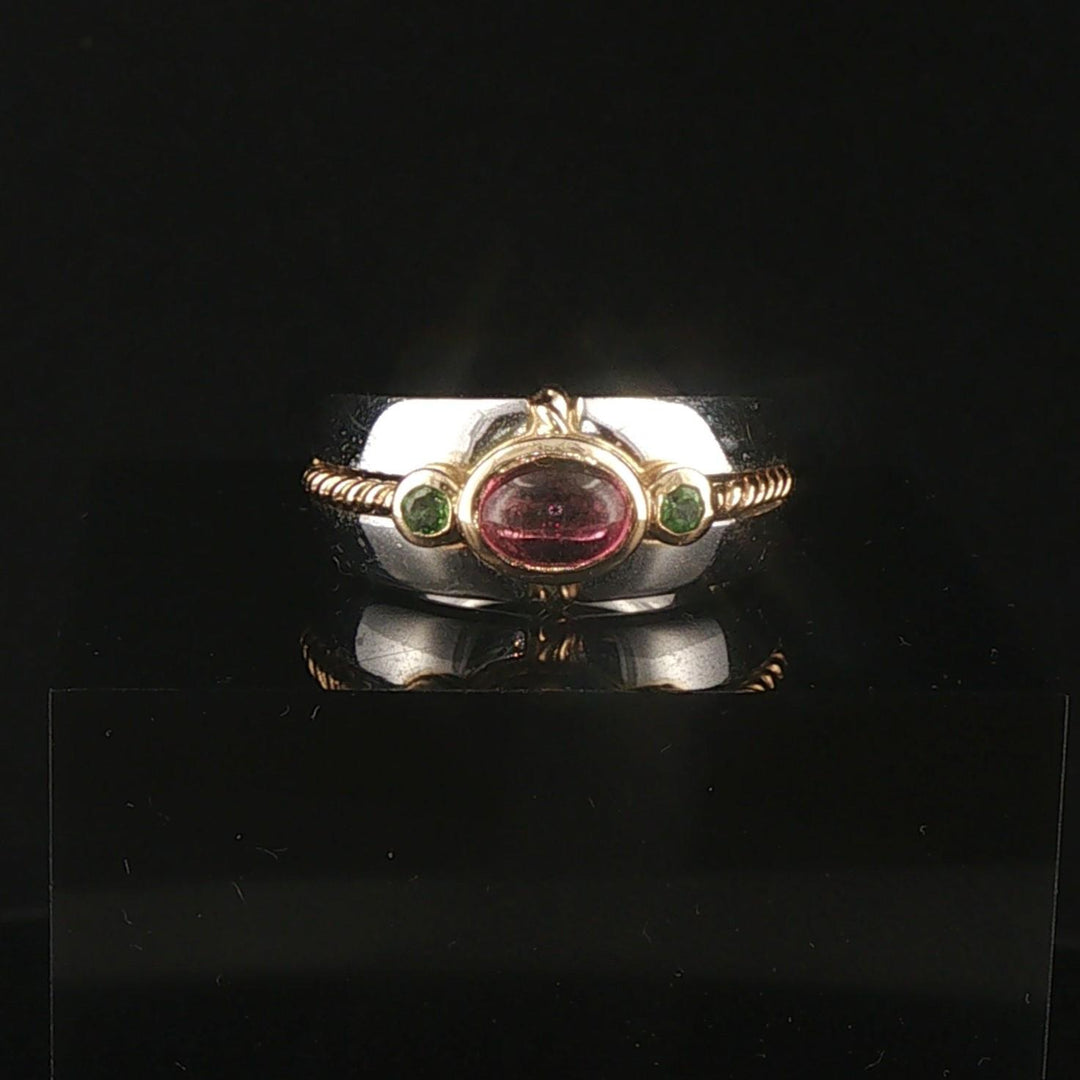 14k White Gold Pink Tourmaline and Tsavorite Ring Size 6