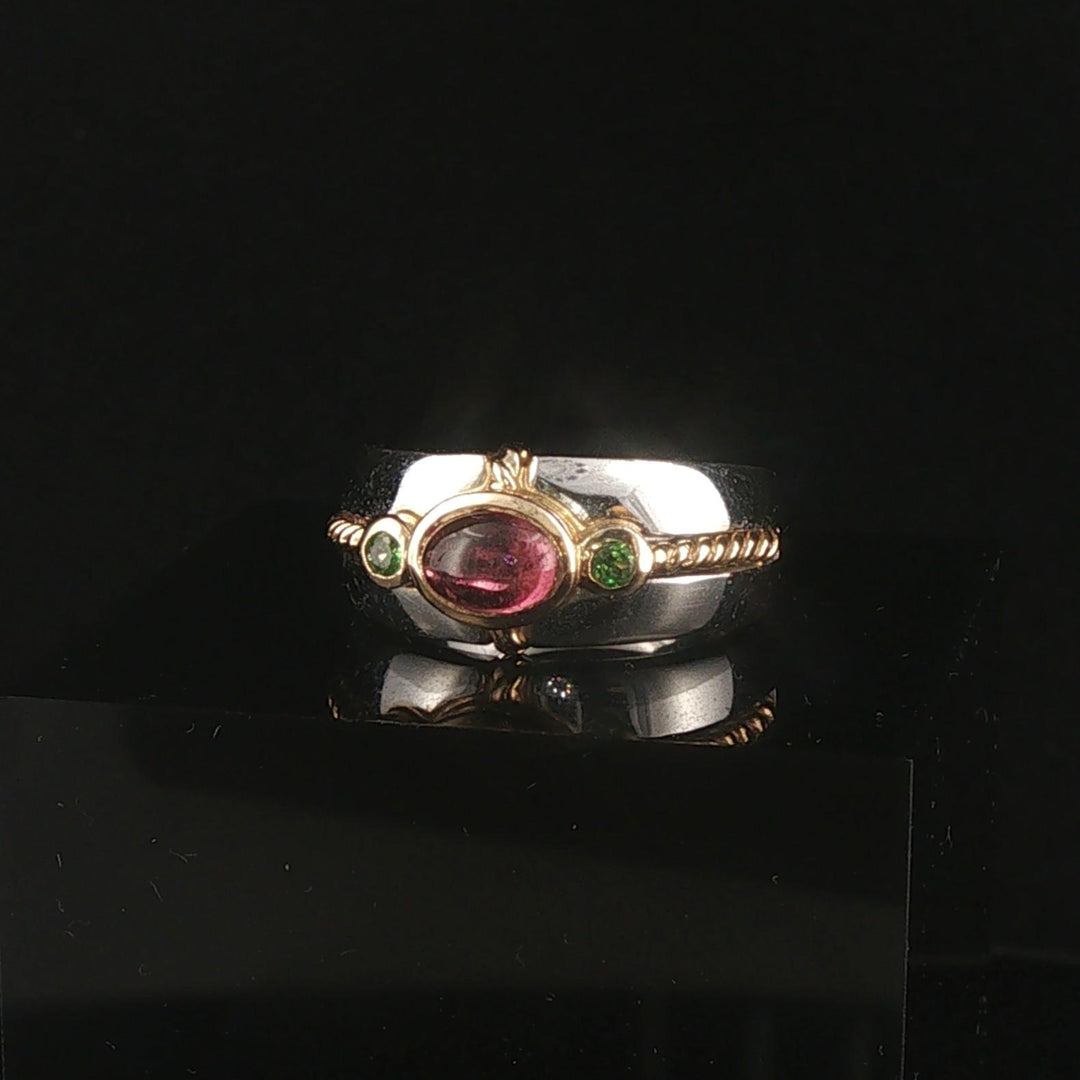 14k White Gold Pink Tourmaline and Tsavorite Ring Size 6