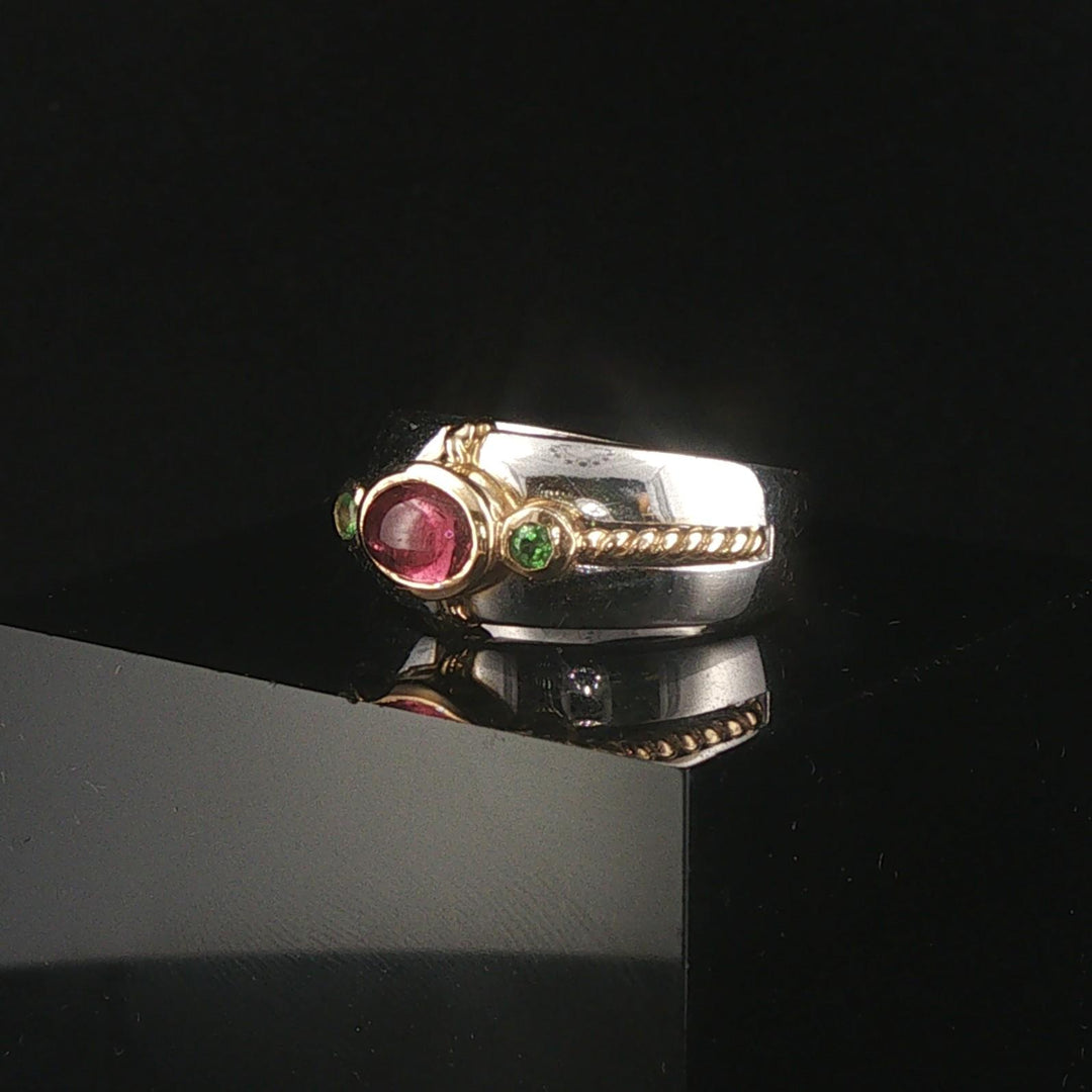14k White Gold Pink Tourmaline and Tsavorite Ring Size 6