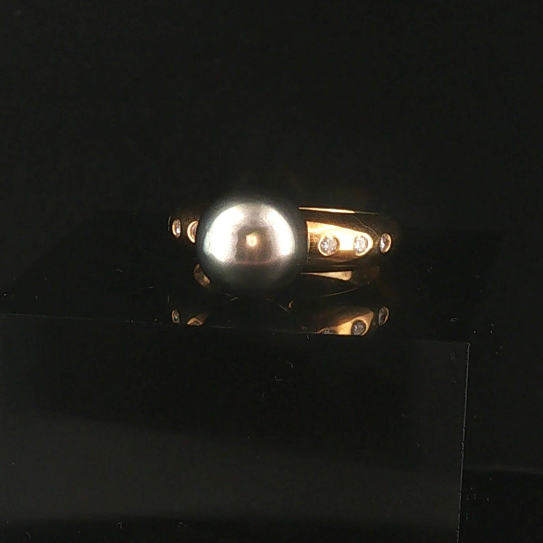 18k Yellow Gold Tahitian Pearl and Diamond Vintage Ring Size 6