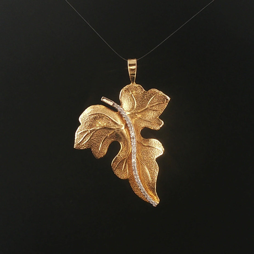 14k Yellow Gold 0.20cttw Diamond Vintage Leaf Pendant 1.65"