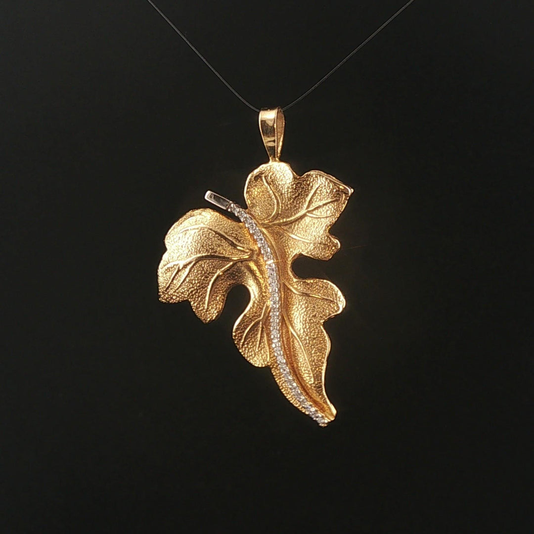 14k Yellow Gold 0.20cttw Diamond Vintage Leaf Pendant 1.65"