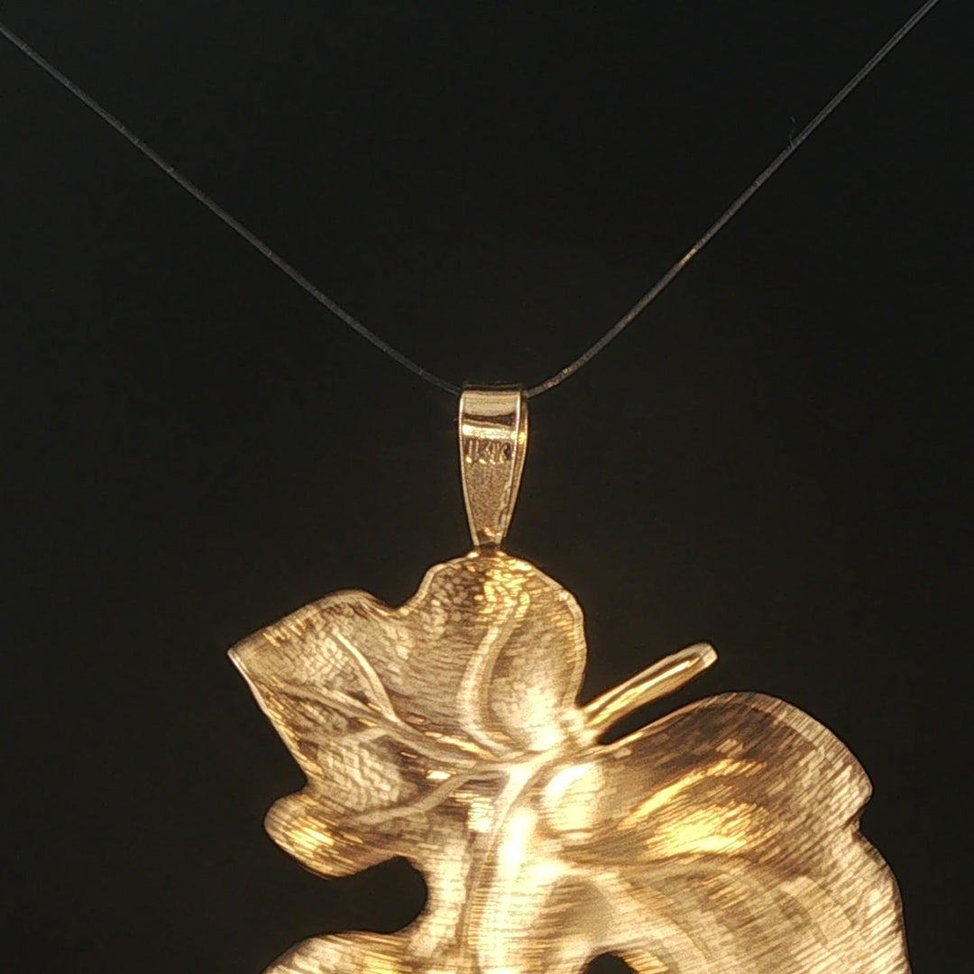 14k Yellow Gold 0.20cttw Diamond Vintage Leaf Pendant 1.65"