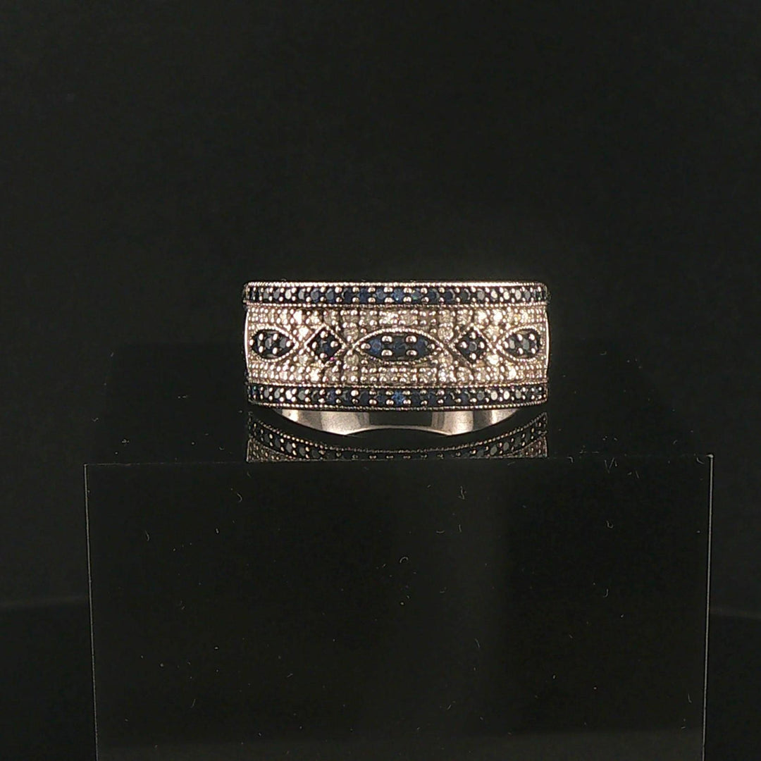 14k White Gold Blue Sapphire and Diamond Vintage Band Ring Size 8
