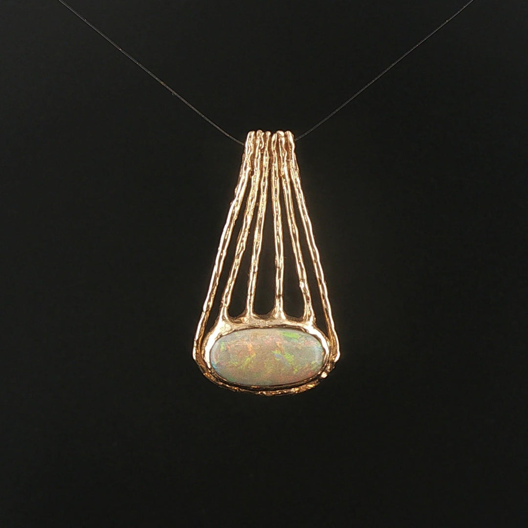 14k Yellow Gold and Opal Vintage Solid Handmade Pendant 1.4"