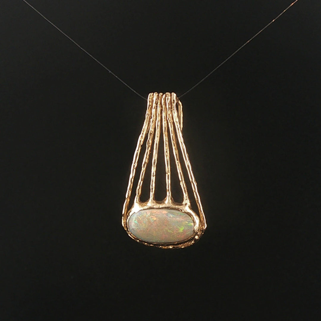 14k Yellow Gold and Opal Vintage Solid Handmade Pendant 1.4"