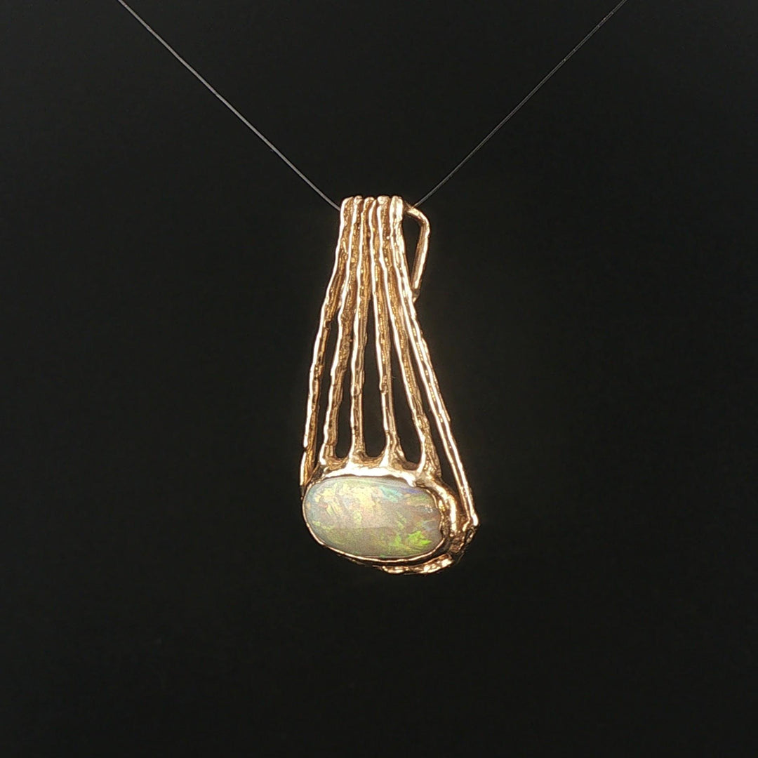 14k Yellow Gold and Opal Vintage Solid Handmade Pendant 1.4"