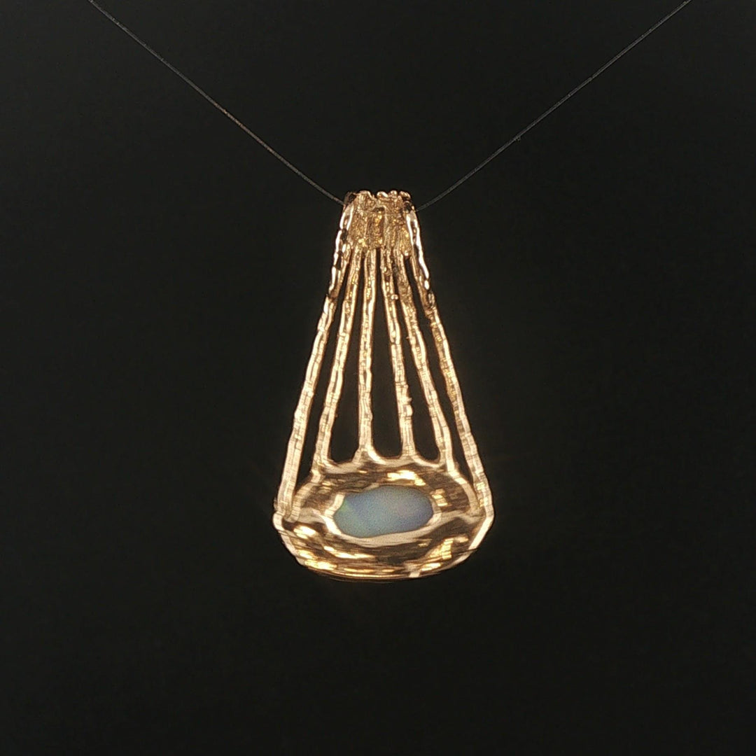 14k Yellow Gold and Opal Vintage Solid Handmade Pendant 1.4"