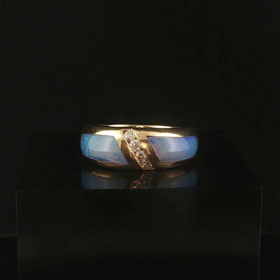 14k Yellow Gold Opal and Diamond Ladies Solid Band Ring Size 5.75