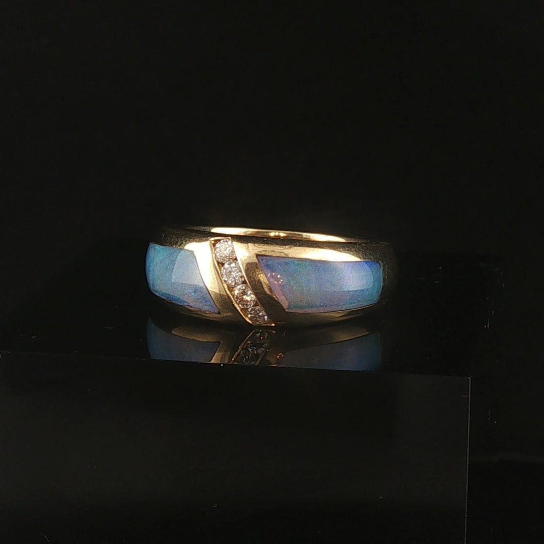 14k Yellow Gold Opal and Diamond Ladies Solid Band Ring Size 5.75