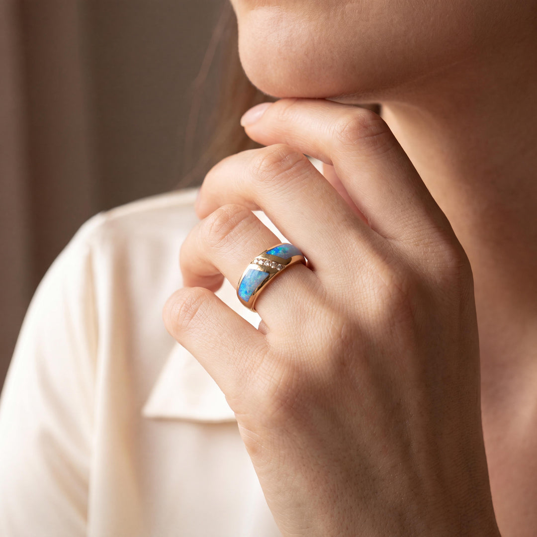 14k Yellow Gold Opal and Diamond Ladies Solid Band Ring Size 5.75