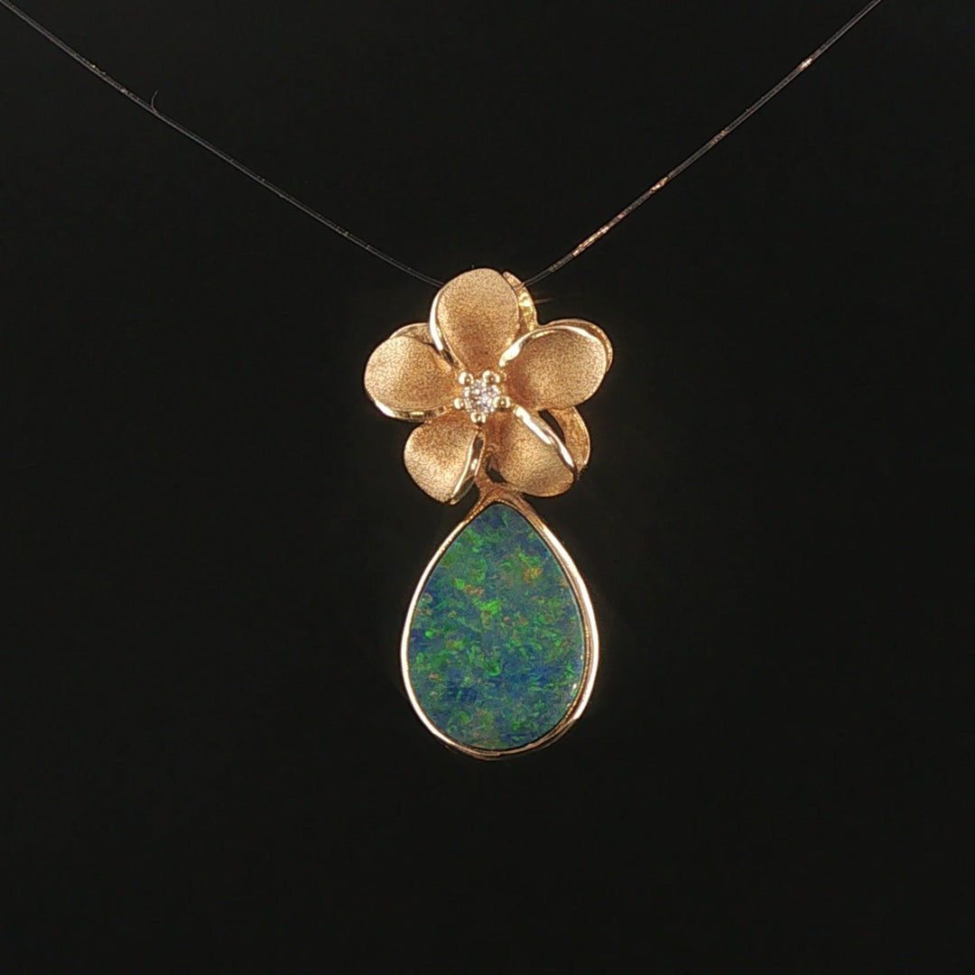 Denny Wong 14k Yellow Gold Opal and Diamond Plumeria Floral Pendant