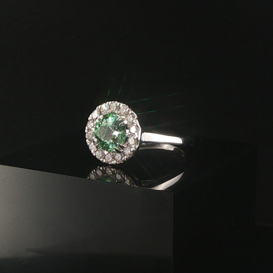 18k White Gold 1.54ct Mint Garnet and 0.50cttw Diamond Halo Ring Size 5.75