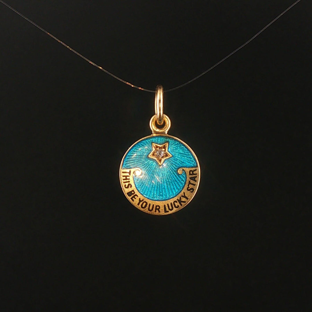 18k Yellow Gold Enamel and Diamond Lucky Star Vintage Charm