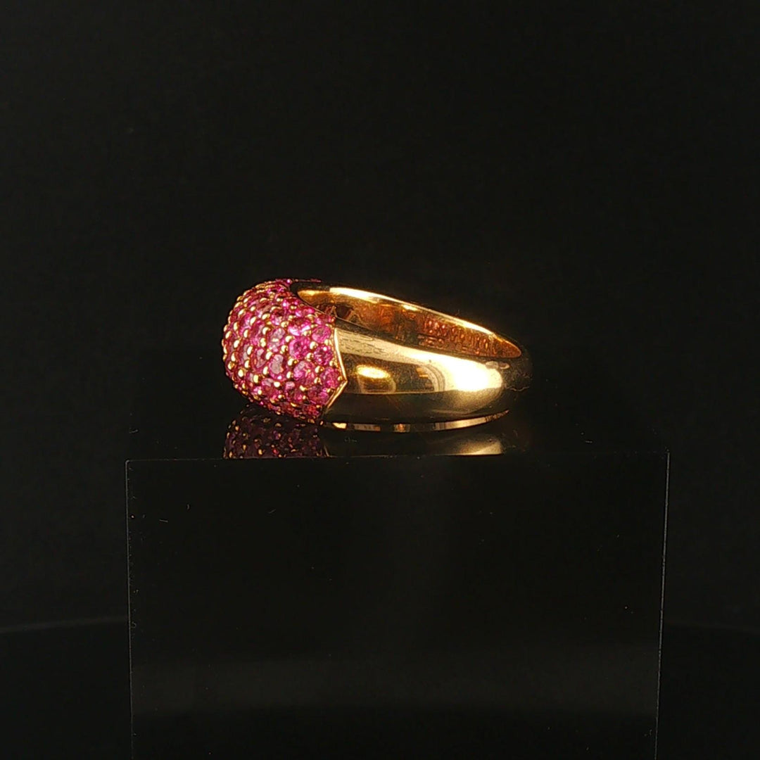 LeVian 18k Yellow Gold and Pave Set Pink Sapphire Bombe Band Ring Size 8