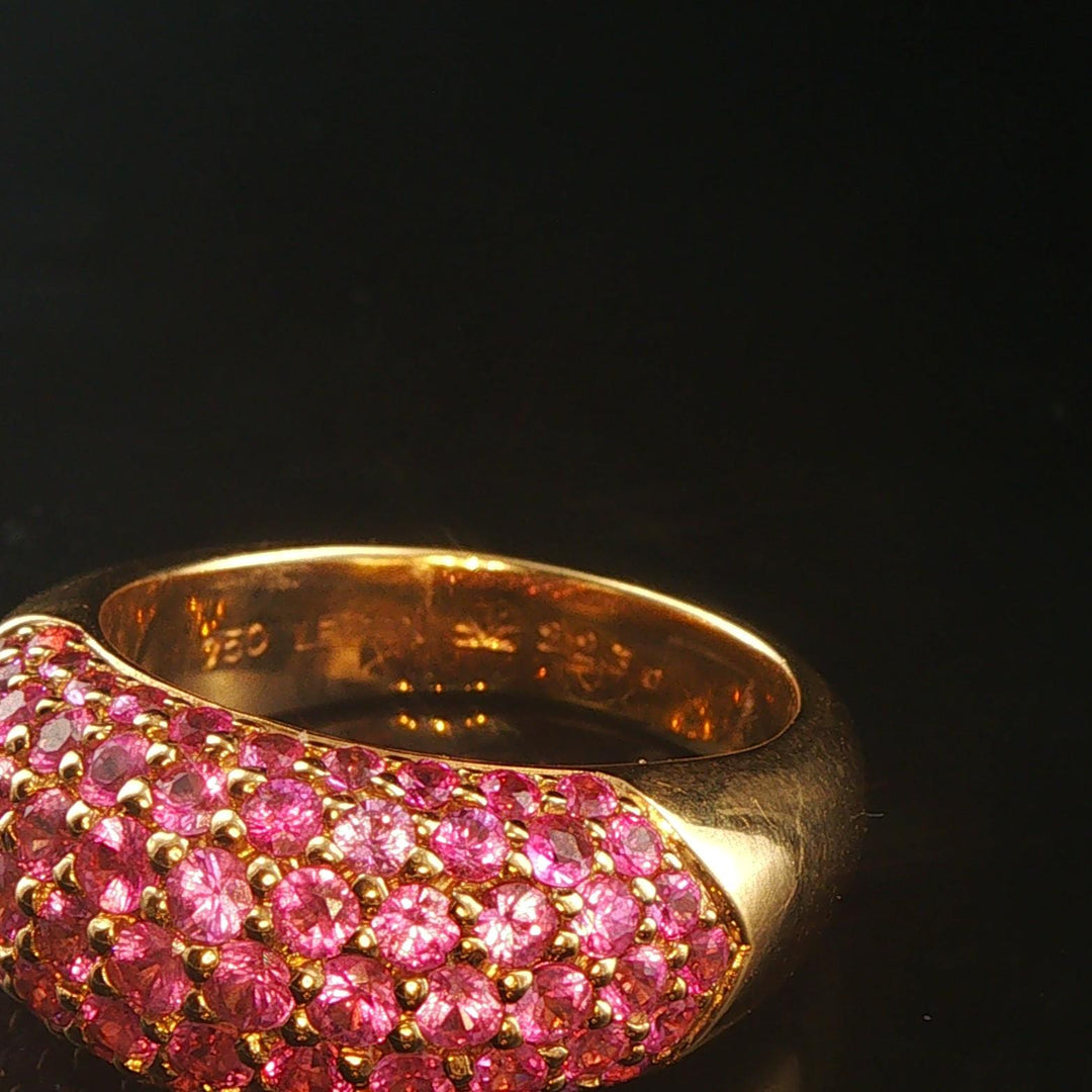 LeVian 18k Yellow Gold and Pave Set Pink Sapphire Bombe Band Ring Size 8