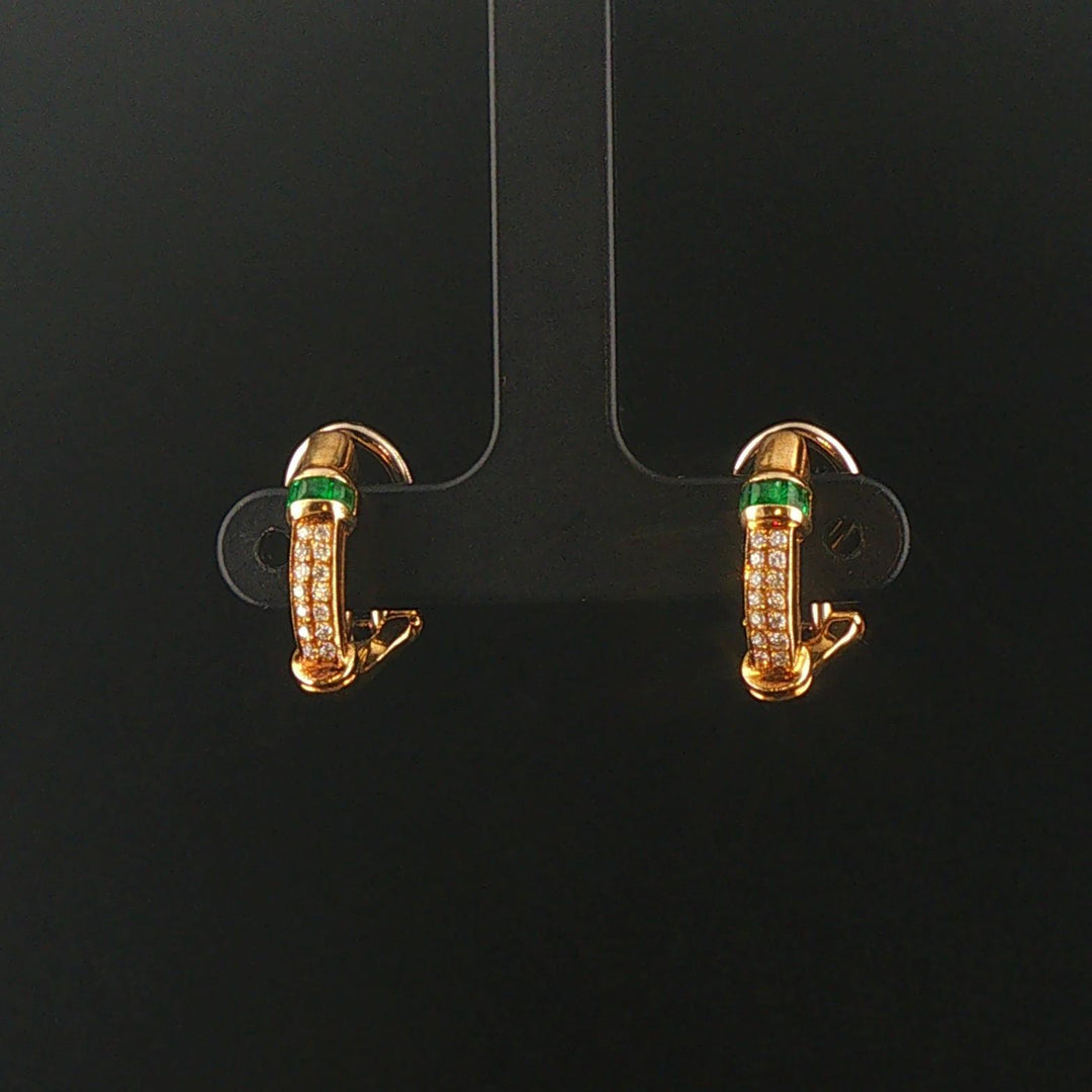 18k Yellow Gold Emerald and 0.15cttw Diamond Solid Huggie Clip On Earrings