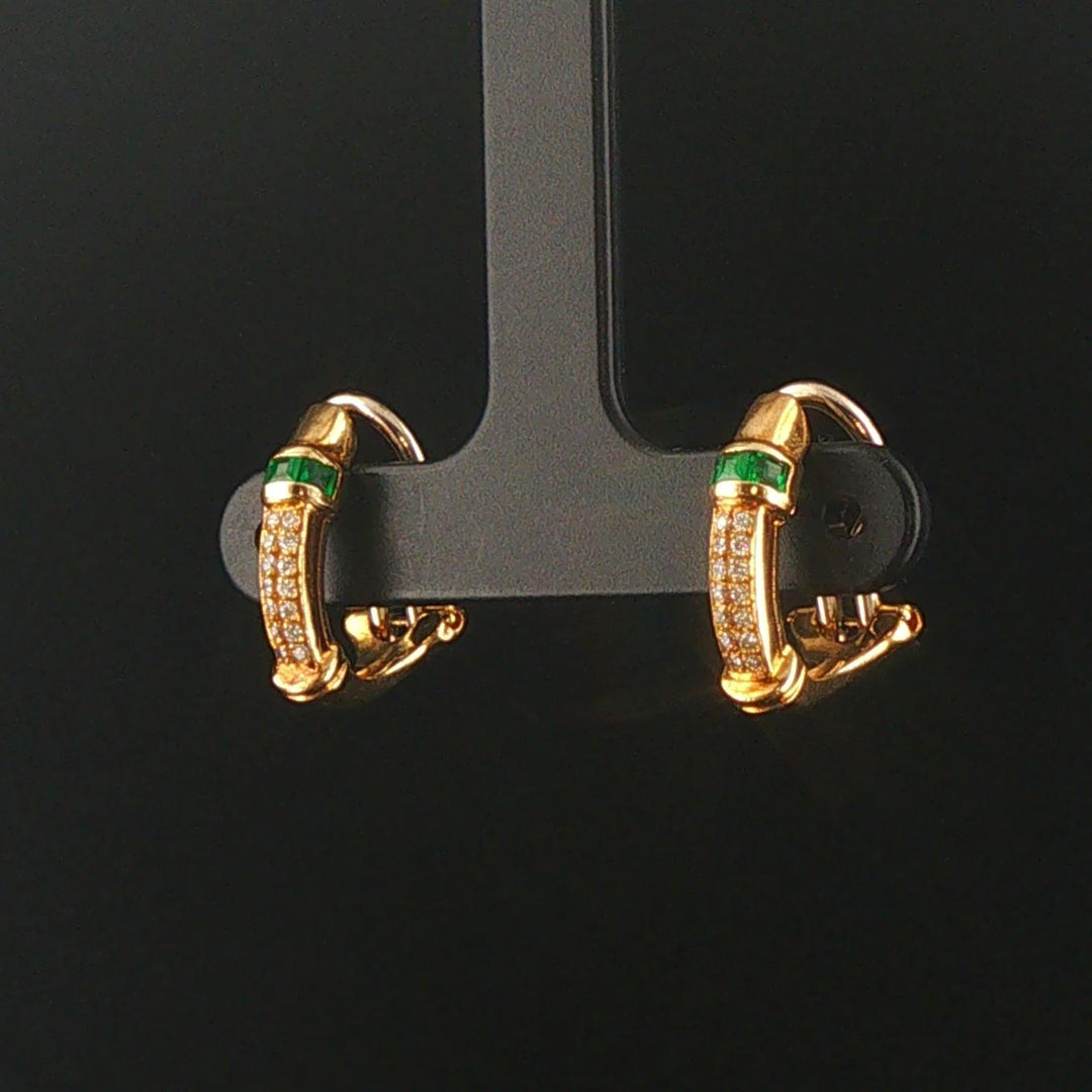 18k Yellow Gold Emerald and 0.15cttw Diamond Solid Huggie Clip On Earrings