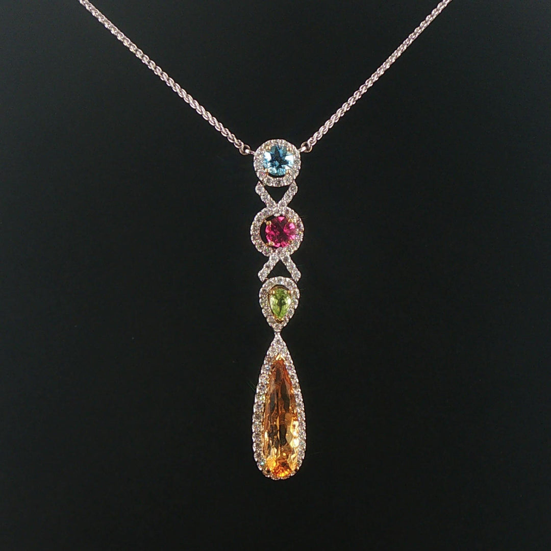 14k White Gold Multi Gemstone and Diamond Drop Pendant Station Necklace 18"