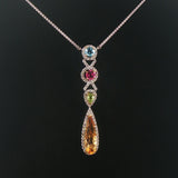14k White Gold Multi Gemstone and Diamond Drop Pendant Station Necklace 18"