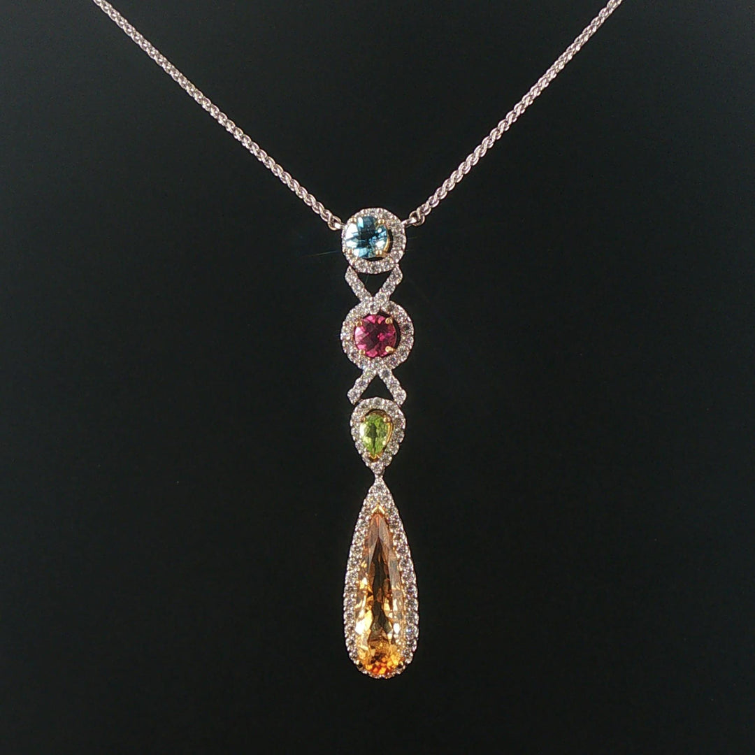 14k White Gold Multi Gemstone and Diamond Drop Pendant Station Necklace 18"