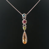 14k White Gold Multi Gemstone and Diamond Drop Pendant Station Necklace 18"