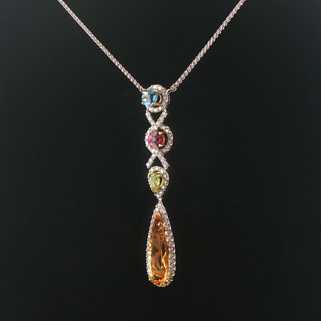 14k White Gold Multi Gemstone and Diamond Drop Pendant Station Necklace 18"